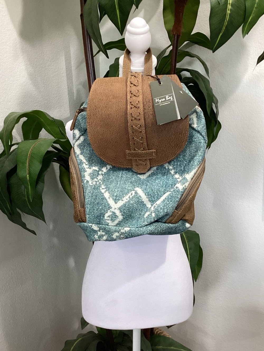 Myra Bag Teal & Brown Patterned Backpack
